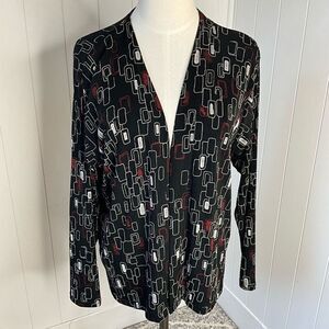A Touch of Class Clothing Womens S/M Open Front Slinky Cardigan Black Geo Print